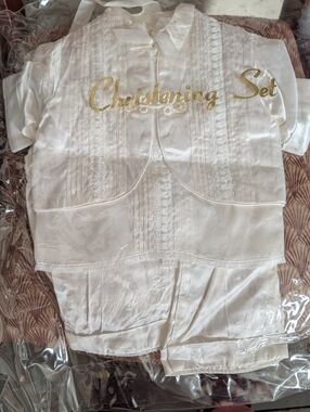 NIB Vintage White Baby Boy 0-6 up to 14 lbs Christening Set Hat Bib Shirt Pants